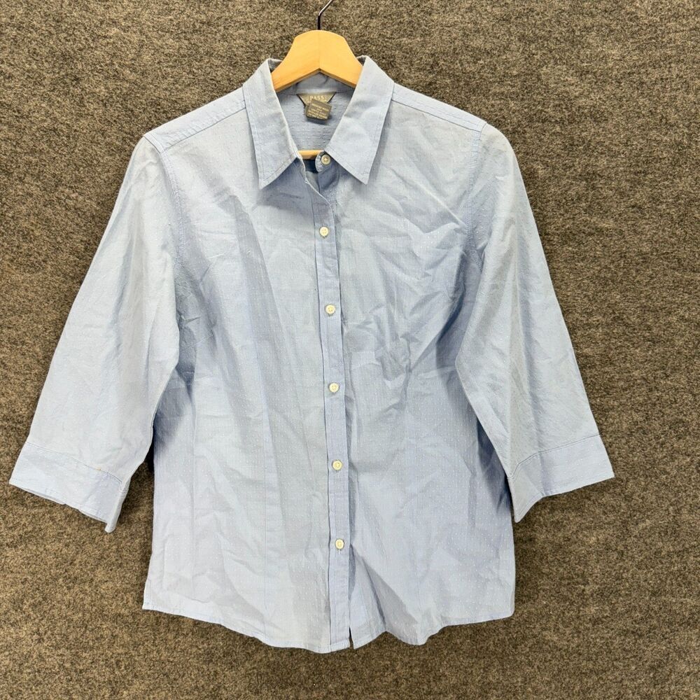 Bass Shirt Women M Medium Blue Button Up Collared 3/4 Sleeve Cotton Casual